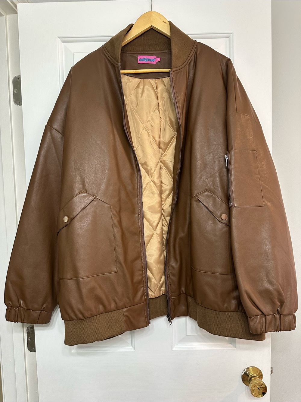 Edikted Women’s Brown Leather Bomber Jacket (Size XL: Never worn!)